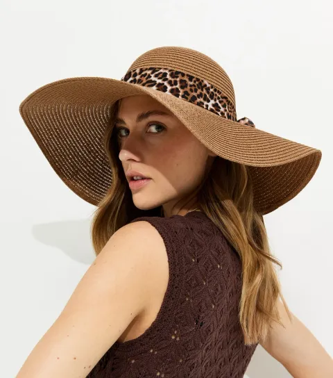 Tan Straw Leopard Trim Hat