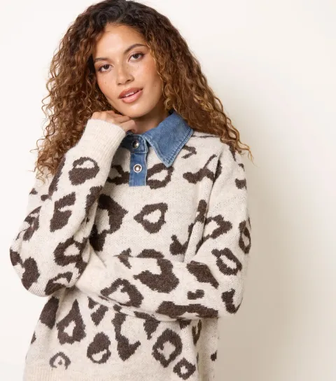 Blue Vanilla Women's Stone Denim Collar Animal Pattern Polo Jumper with Wool