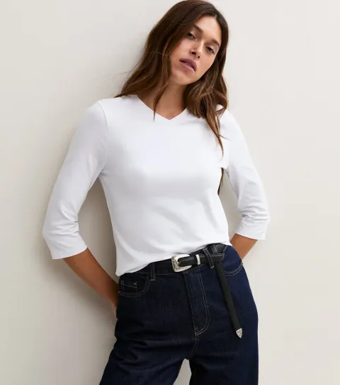 New Look Women's White Cotton Rich 3/4 Length Sleeve V Neck Top