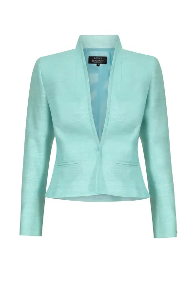 Waisted Edge-to-Edge Jacket in Plain Raw Silk in Aqua - Margo