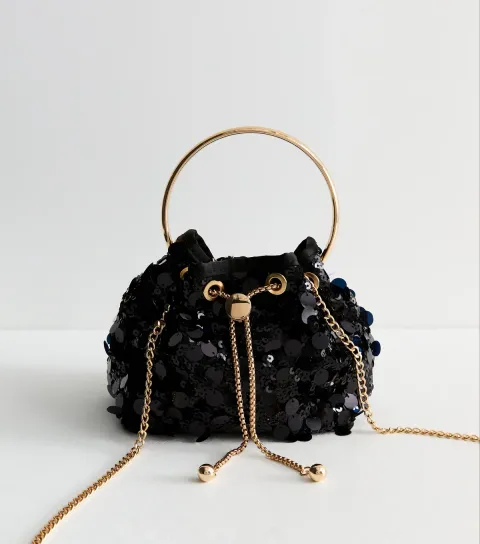 New Look Black Large Sequin Embellished Bucket Clutch