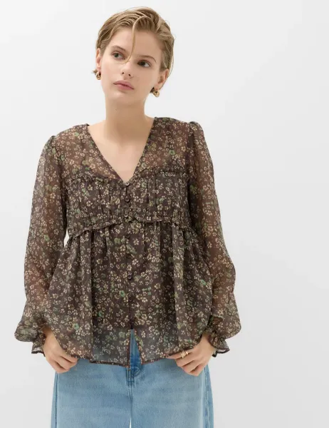 Marks & Spencer Floral Ruffle V-Neck Blouse Khaki Mix