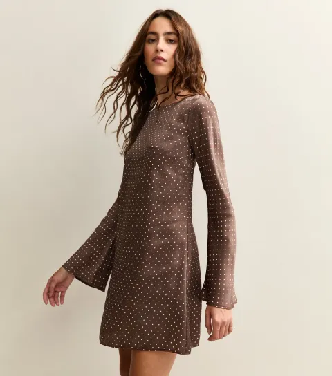 Women's Brown Satin Polka Dot A Line Mini Dress
