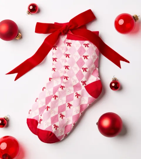 New Look Pink Cotton Rich Christmas Bow Argyle Pattern Ankle Socks