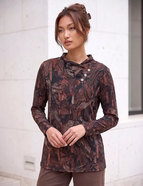 Roman Abstract Floral Print Button Detail Top Dark Orange