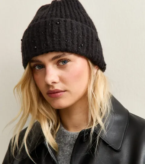 Black Bead Embellished Beanie