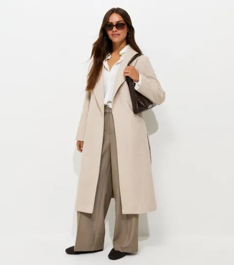 Women's Petite Oatmeal Shawl Collar Belted Coat