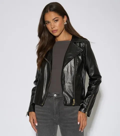 Gini London Women's Black Faux Leather Jacket