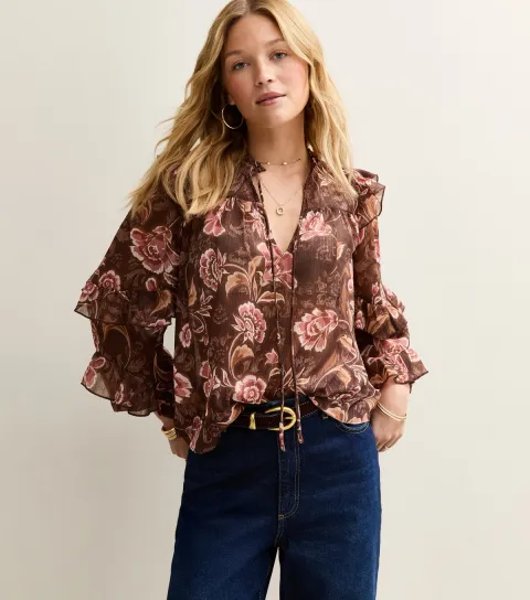 Women's Brown Floral Frilly Flared Sleeve Blouse
