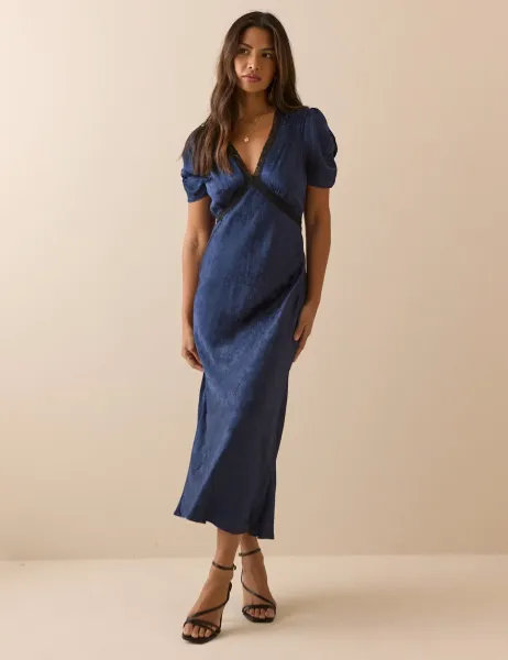 Nobody's Child Fit And Flare V Neck Midi Dress Blue