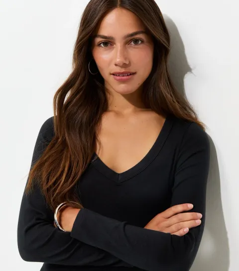 New Look Women's Petite Black Cotton Rich V Neck Rib Long Sleeve Top