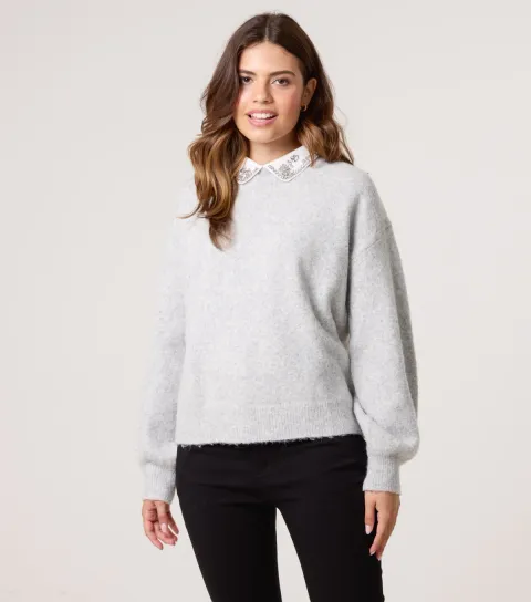 Women's Grey Embellished Peter Pan Collar Jumper