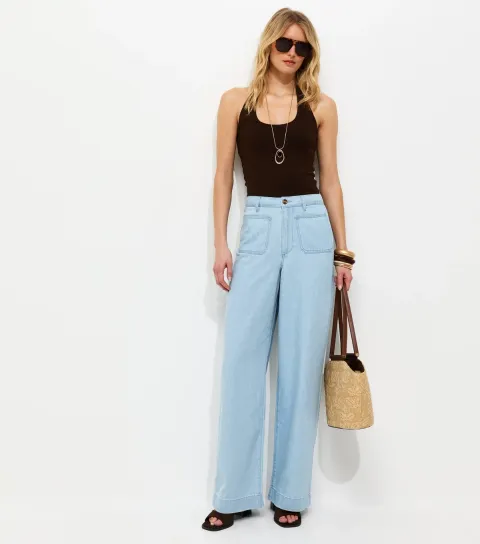 Women's Tall Light Blue Patch Pocket Wide Leg Jeans