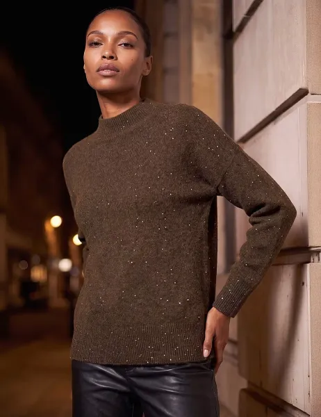 Roman Sequin Crew Neck Knit Jumper Chocolate