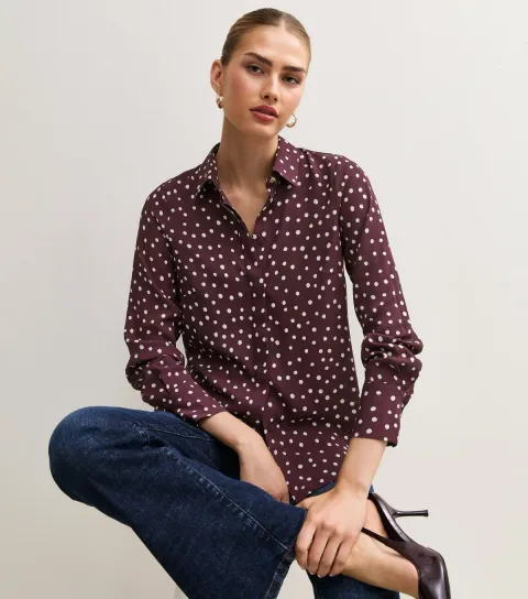 New Look Women's Red Woven Spot Print Long Sleeve Shirt