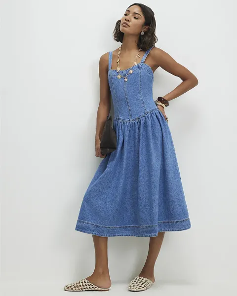 River Island Seamed Midi Denim Swing Dress