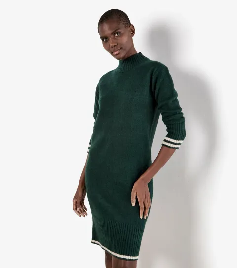 Apricot Women's Green Cotton Rich Knitted High Neck Striped Trim Midi Dress
