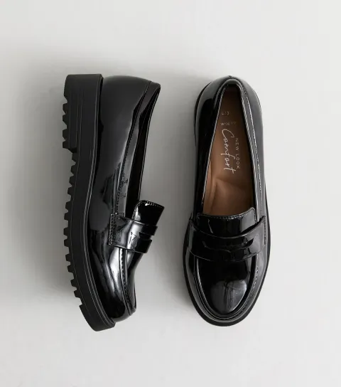 Women's Wide Fit Black Patent Faux Leather Chunky Penny Loafers Vegan