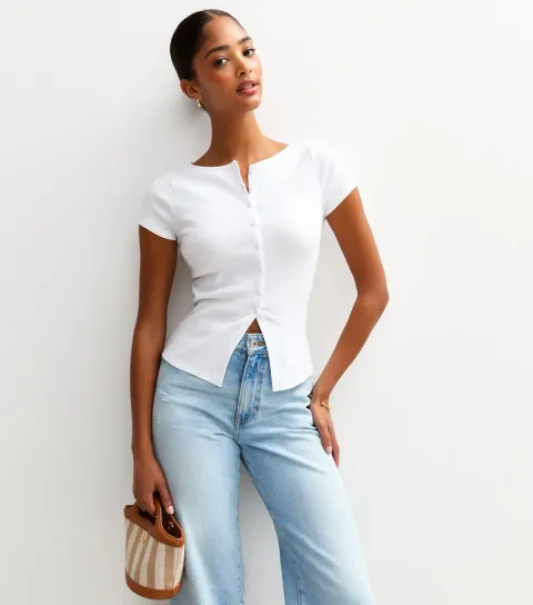 New Look Women's White Ribbed Button Up Baby Tee