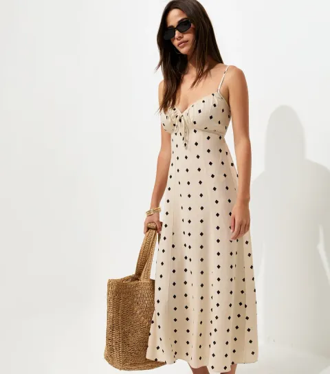 Women's Cream Diamond Spot Strappy Midi Dress