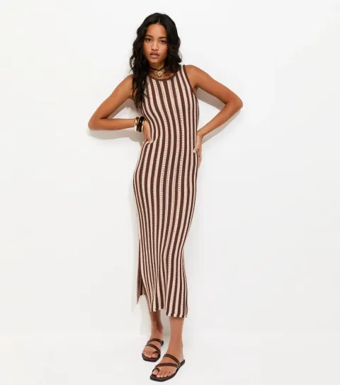 Women's Pink Stitchy Striped Crochet Midi Dress