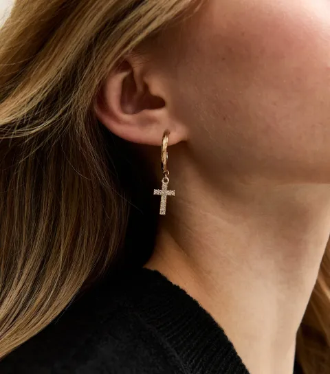 Gold Tone Mini Hoop Diamante Cross Drop Earrings