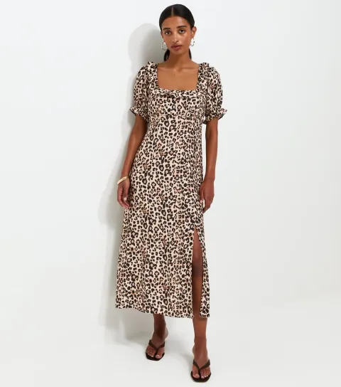 Women's Brown Animal Print Square Neck Midi Tea Dress