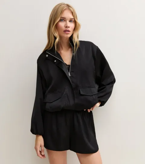 New Look Women's Black Satin Flap Pocket Bomber Jacket