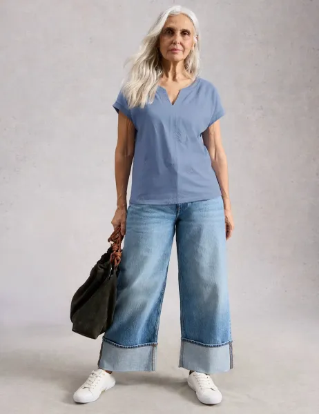 White Stuff Embroidered Notch Neck T-Shirt Blue