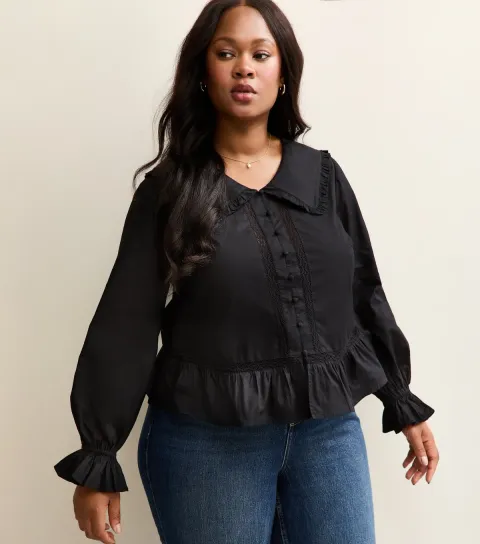Women's Plus Size Black Lace Insert Frilly Trimmed Shirt Curves