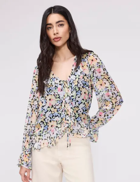 Finery London Floral V- Neck Ruffle Blouse Orange Mix