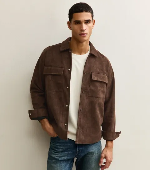 Men's Brown Faux Suede Shacket