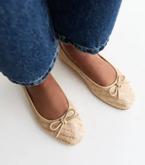 Women's Off White Raffia Look Woven Ballerina Flats Vegan