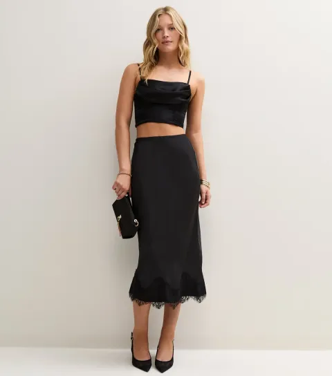 New Look Women's Petite Black Satin Lace Trim High Waisted Midi Skirt