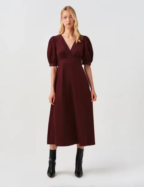 Ghost Cotton Corduroy Cross Front Midi Dress Burgundy