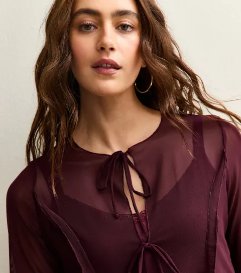 New Look Women's Burgundy Tie Front Long Sleeve Mesh Top