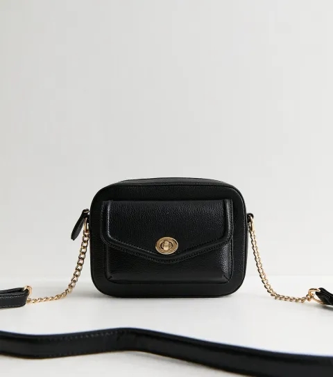 New Look Black Grained Faux Leather Turn Lock Crossbody bag Vegan
