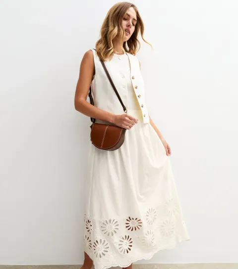 New Look Women's White Embroidered Cutout Hem Midi Skirt