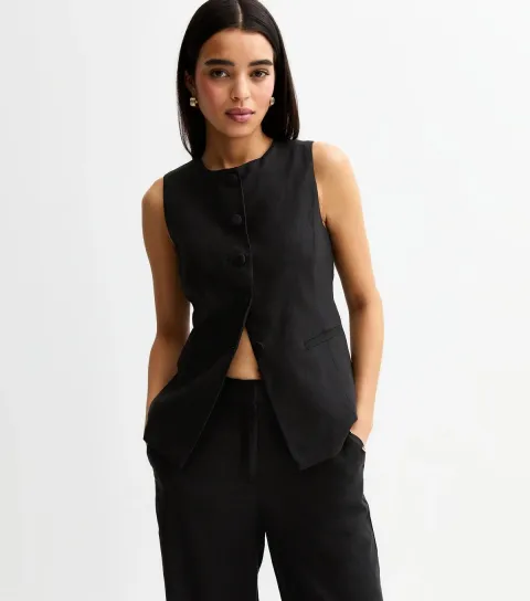 Women's Black Crew Neck Linen Blend Waistcoat