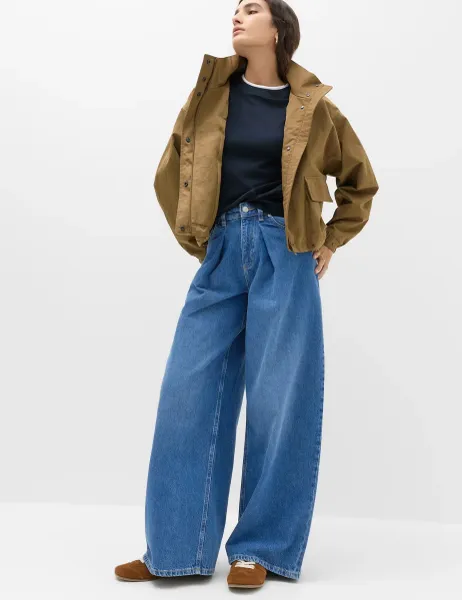Marks & Spencer High Waisted Pleat Front Wide Leg Jeans Medium Indigo