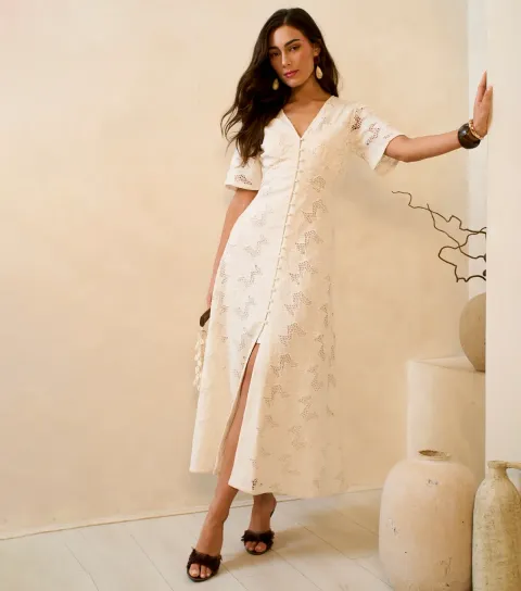 Women's White Lace Button Through Midi Dress