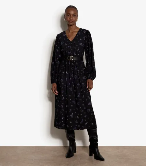 Women's Black Smock Waist Ditsy Print Midi Dress