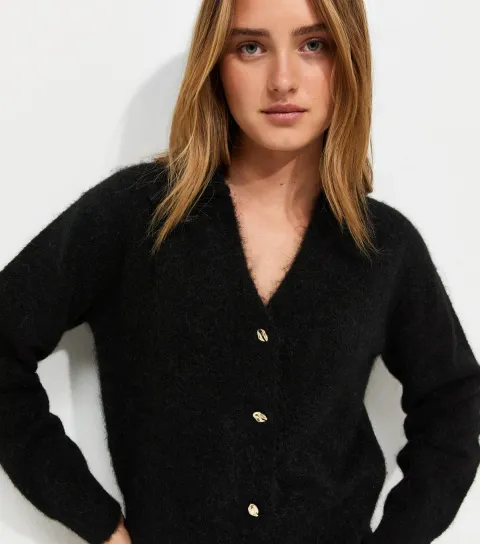 Women's Black Collared V-Neck Knitted Cardigan