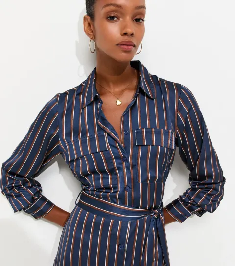 Women's Blue Satin Striped Midi Shirt Dress
