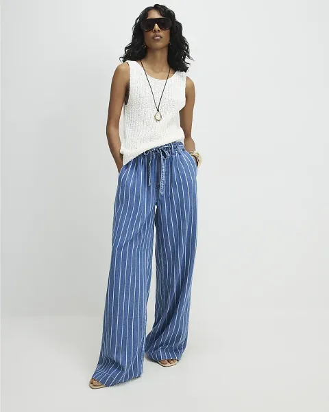 River Island Stripe Wide Leg Paperbag Jeans