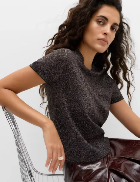 Marks & Spencer Sparkly Crew Neck Slim Fit Knitted Top Bronze Mix