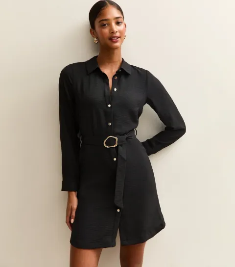 Women's Black Belted Button Through Mini Shirt Dress