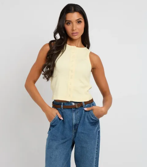 Women's Light Yellow Sleeveless Button Front Top