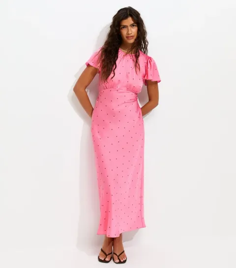 Women's Pink Satin Spot Print Flutter Sleeve Midi Dress