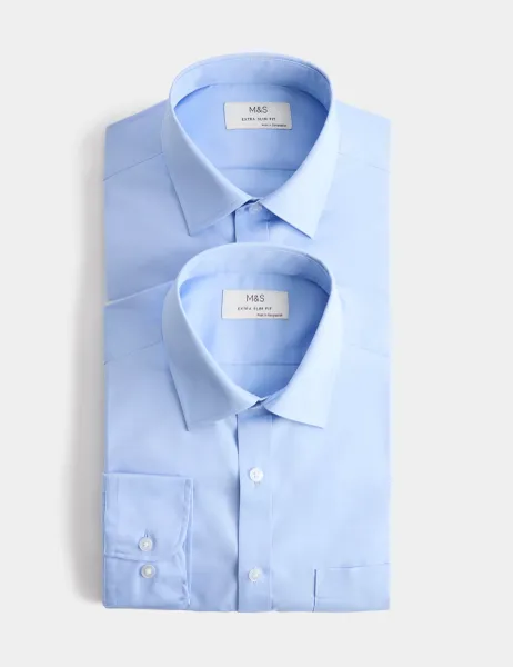 Marks & Spencer 2 Pack Extra Slim Fit Easy Iron Cotton Blend Shirts Mid Blue